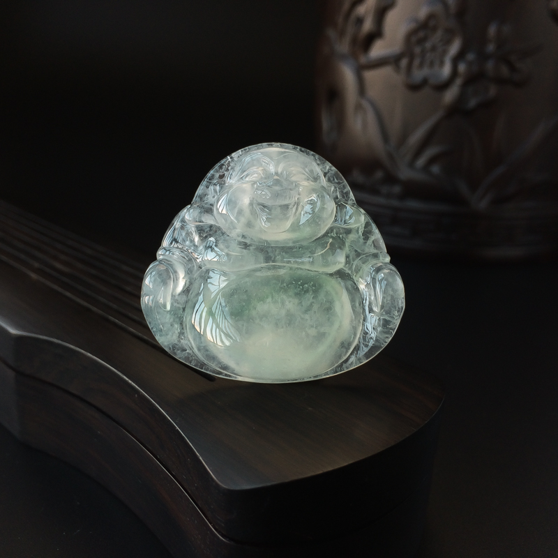 缅甸A货天然冰糯种浅绿翡翠弥勒佛吊坠 - 红掌柜