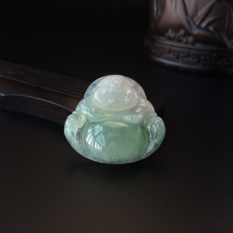 缅甸A货天然糯种浅绿翡翠弥勒佛吊坠 - 红掌柜