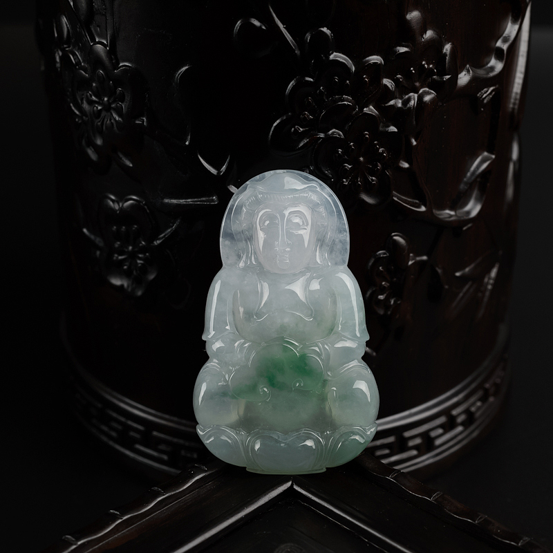 缅甸天然糯种飘绿翡翠观音吊坠-红掌柜