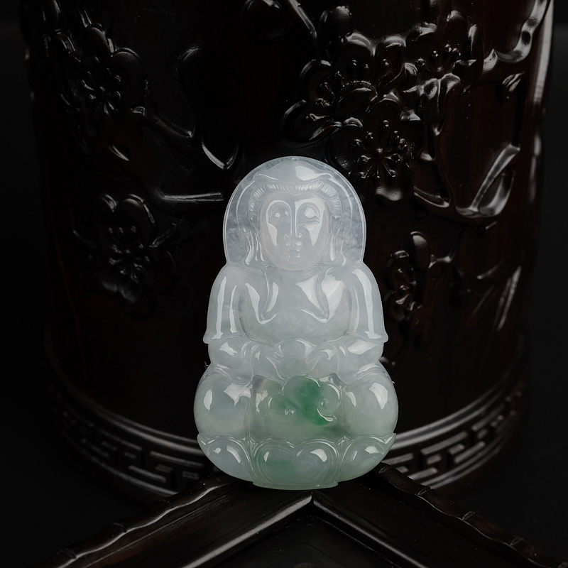 缅甸天然糯种飘绿翡翠观音吊坠-红掌柜