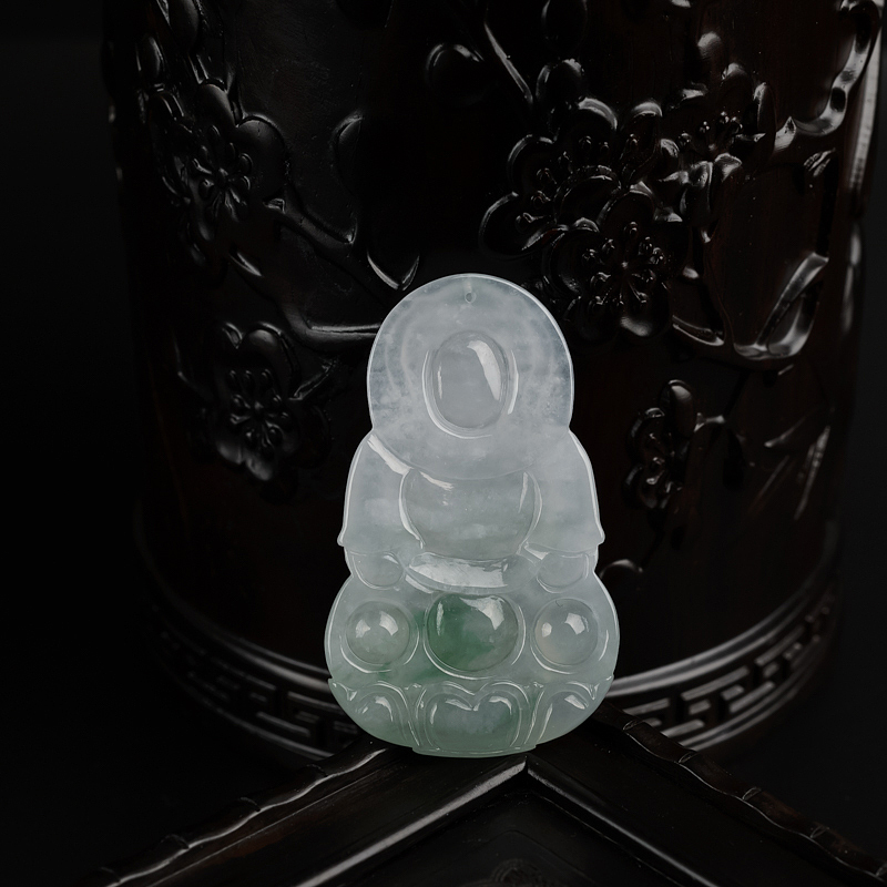 缅甸天然飘绿翡翠观音吊坠-红掌柜