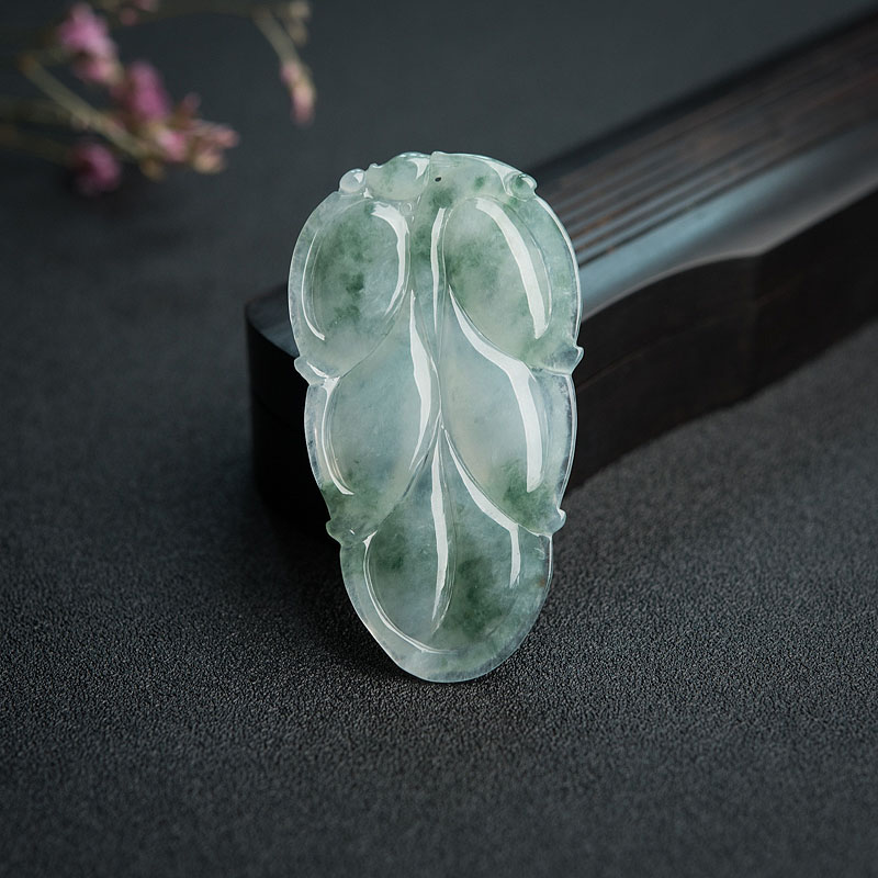缅甸天然飘花翡翠叶子吊坠-红掌柜