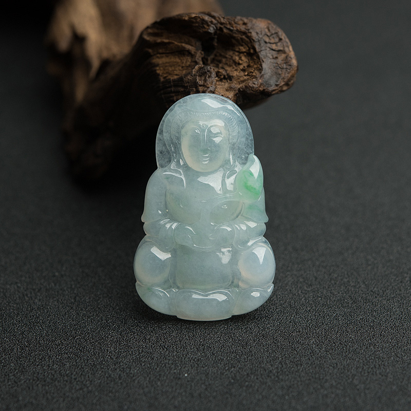 缅甸天然糯冰种飘翠翡翠观音吊坠-红掌柜