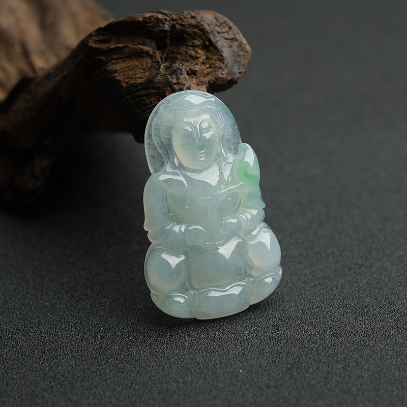天然糯冰种飘翠翡翠观音吊坠-红掌柜
