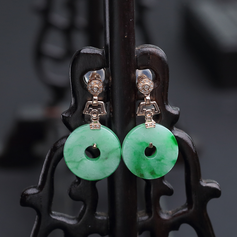 18k金镶钻糯种飘翠翡翠耳坠-红掌柜