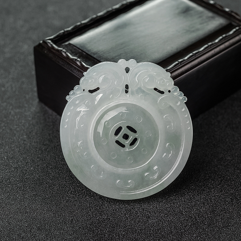 天然糯种翡翠镂雕转运双龙扣吊坠-红掌柜