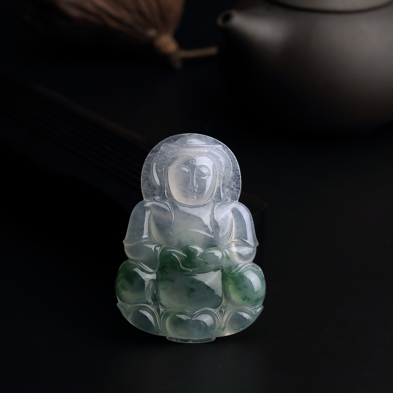 冰糯种飘花翡翠观音吊坠-红掌柜
