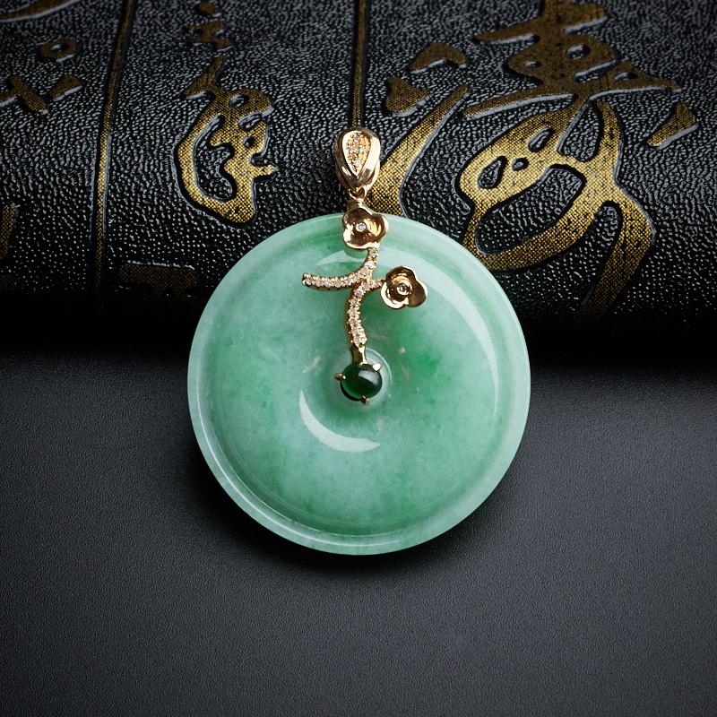 缅甸A货天然18K金镶糯种苹果绿平安扣吊坠 - 红掌柜