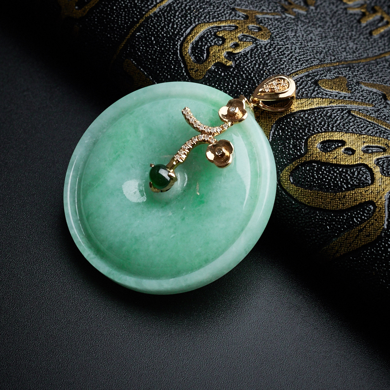 A货天然18K金镶糯种苹果绿平安扣吊坠 - 红掌柜