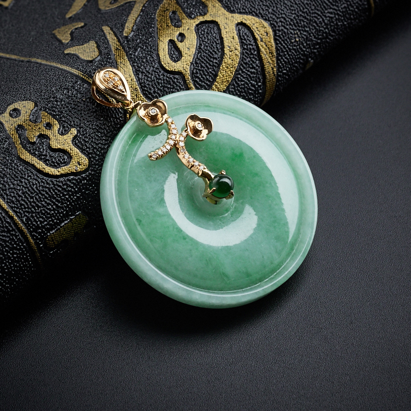 天然18K金镶糯种苹果绿平安扣吊坠 - 红掌柜