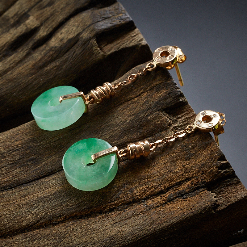 天然18K金镶冰糯种浅绿翡翠耳环 - 红掌柜