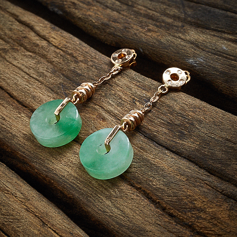 缅甸A货天然18K金冰糯种翡翠耳环 - 红掌柜