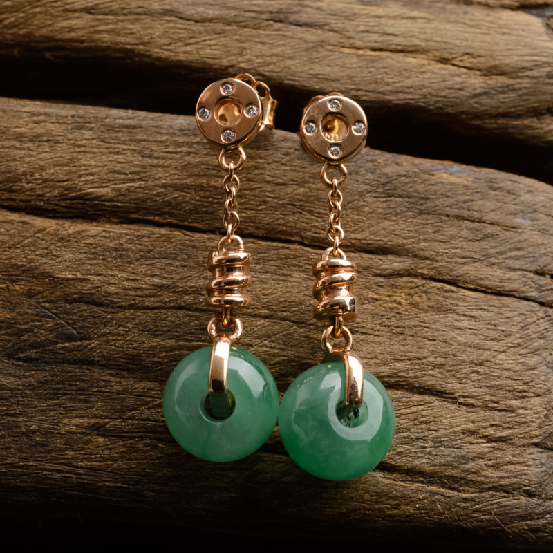 缅甸A货天然18K金镶钻冰糯种苹果绿翡翠耳环 - 红掌柜