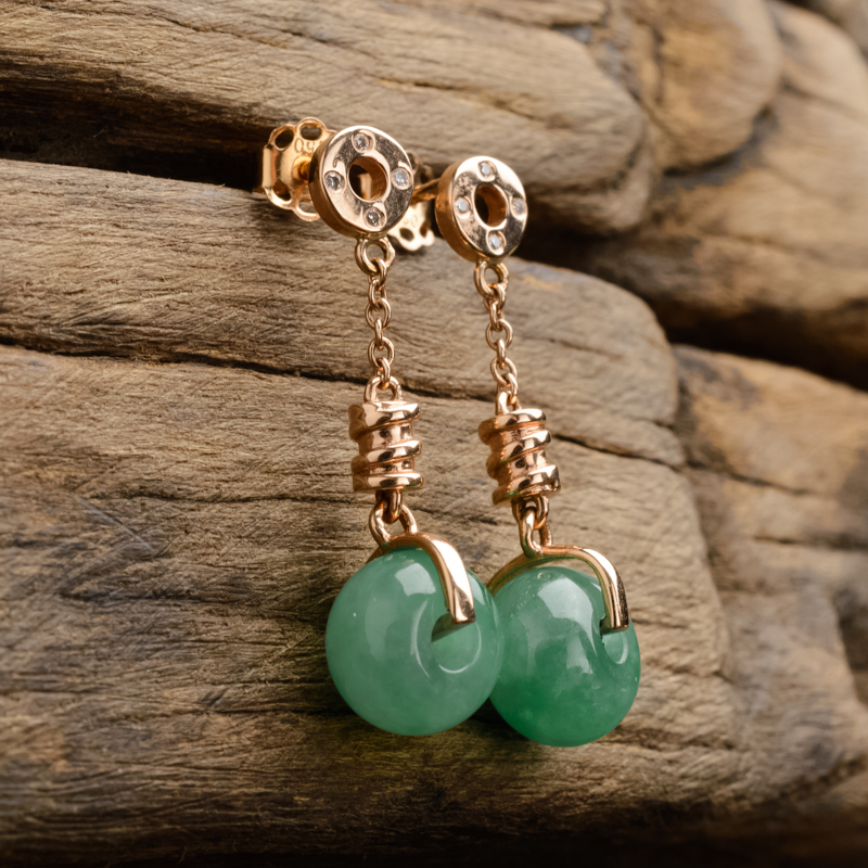 A货天然18K金镶钻冰糯种苹果绿翡翠耳环 - 红掌柜