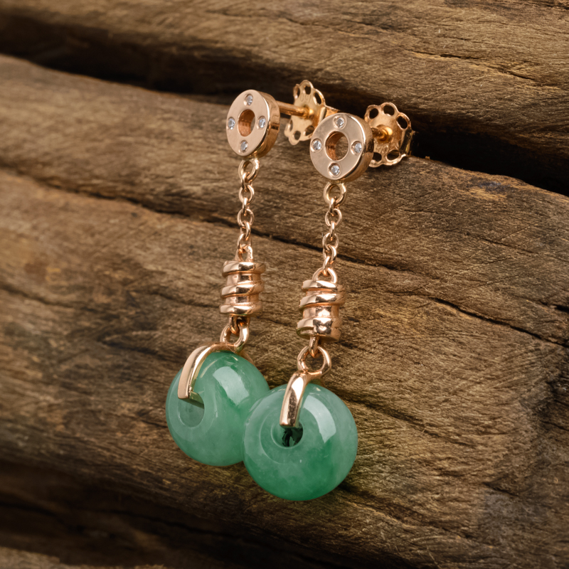 天然18K金镶钻冰糯种苹果绿翡翠耳环 - 红掌柜