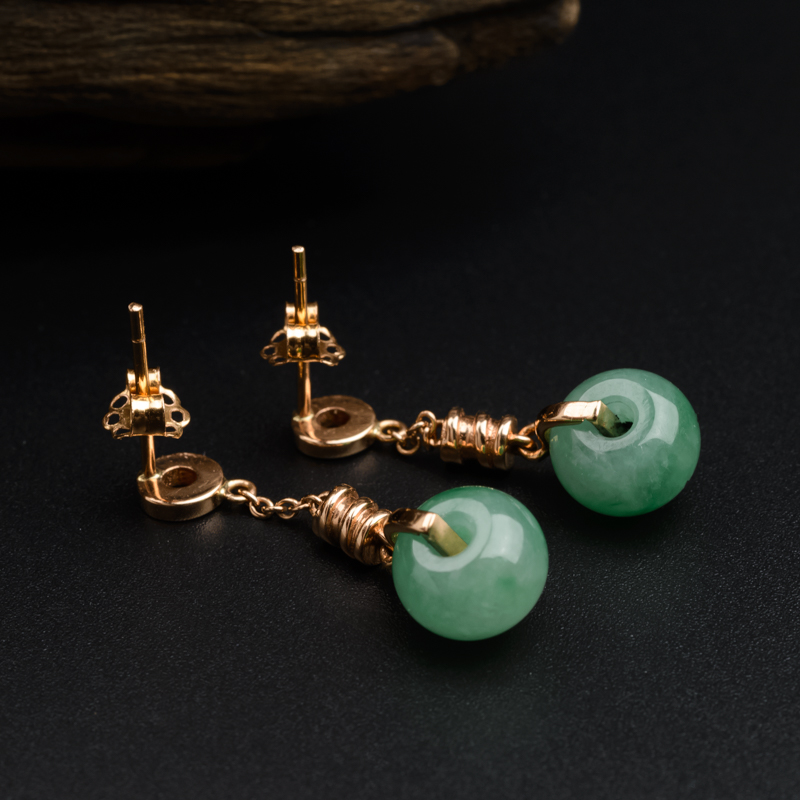 18K金镶钻冰糯种苹果绿翡翠耳环 - 红掌柜