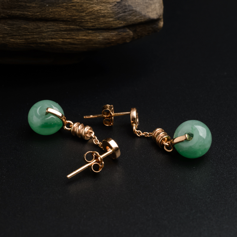 缅甸A货天然18K金冰糯种苹果绿翡翠耳环 - 红掌柜