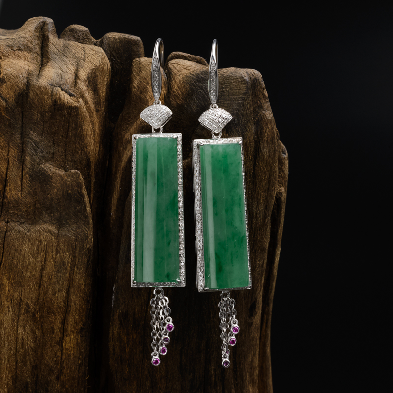 缅甸A货天然18K金镶钻冰糯种阳绿翡翠耳环 - 红掌柜