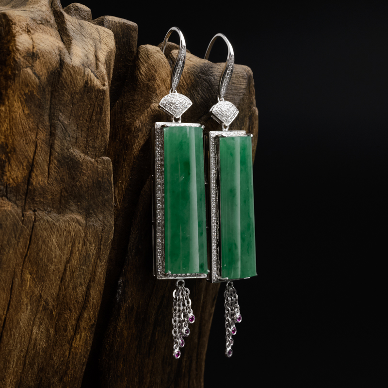 A货天然18K金镶钻冰糯种阳绿翡翠耳环 - 红掌柜