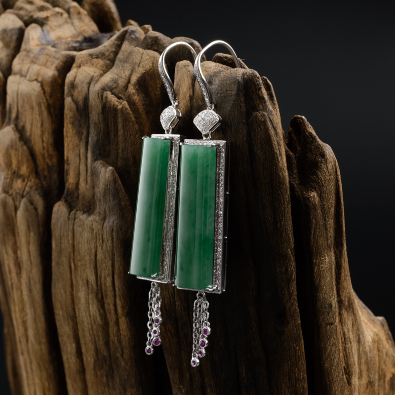 天然18K金镶钻冰糯种阳绿翡翠耳环 - 红掌柜