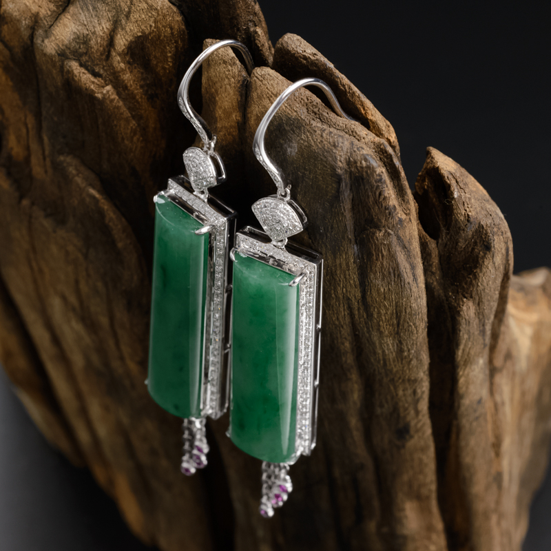 18K金镶钻冰糯种阳绿翡翠耳环 - 红掌柜