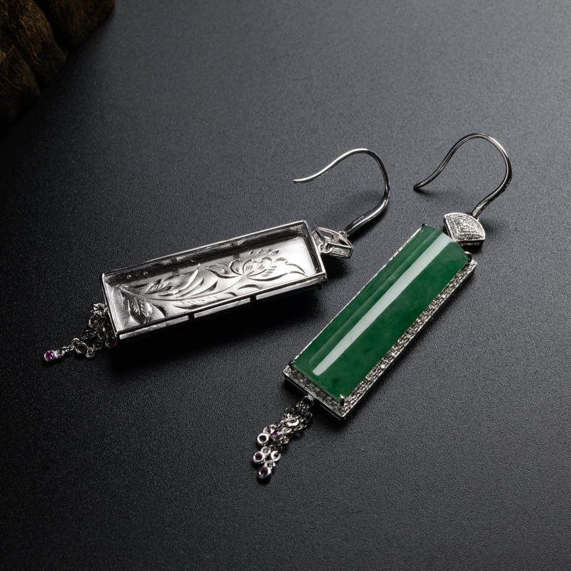 缅甸A货天然18K金冰糯种阳绿翡翠耳环 - 红掌柜