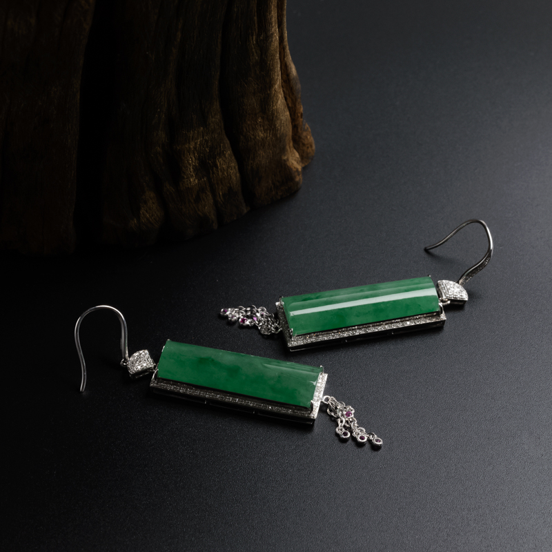 缅甸A货天然18K金阳绿翡翠耳环 - 红掌柜