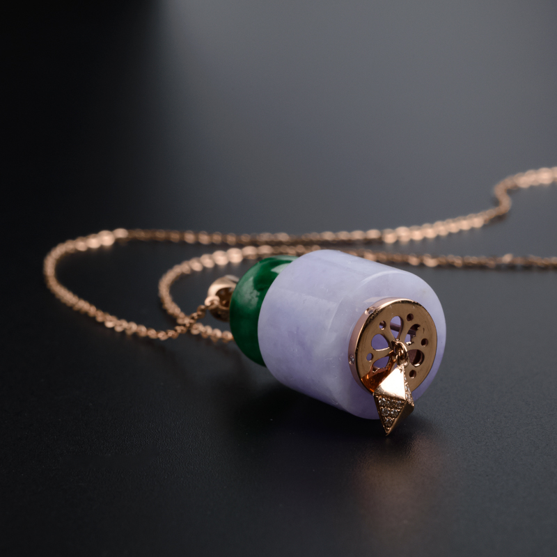 天然18K镶钻糯种紫罗兰翡翠吊坠套链 - 红掌柜