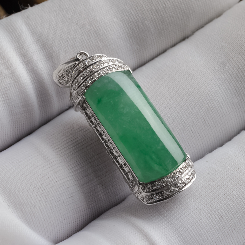 缅甸18K金镶钻冰糯种苹果绿翡翠吊坠 - 红掌柜