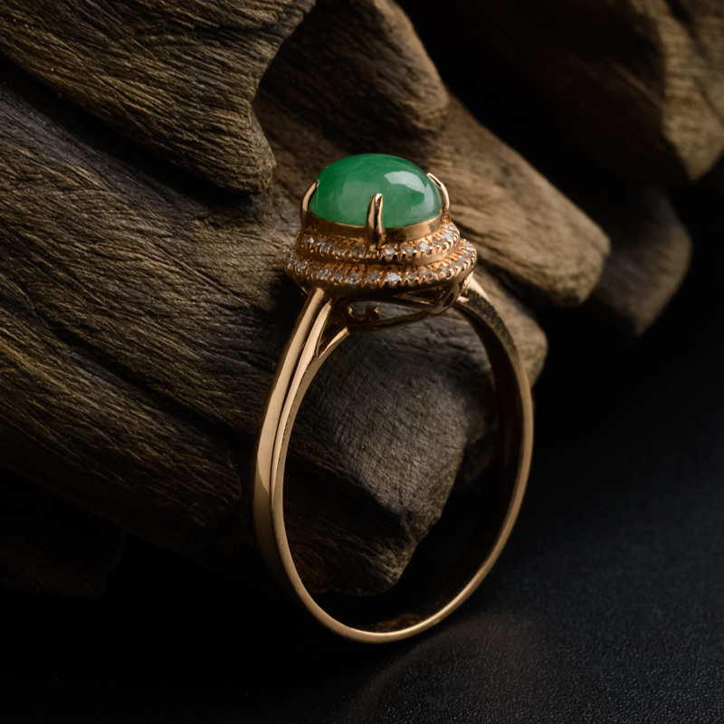 天然A货18K金镶钻冰糯种苹果绿翡翠戒指 - 红掌柜