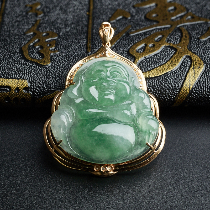 18k金镶冰糯种浅绿翡翠坐佛吊坠-红掌柜