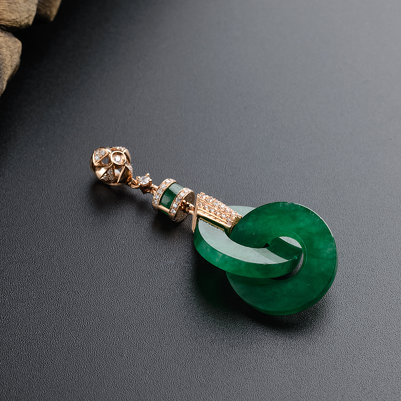 金镶钻糯种浓绿翡翠平安扣吊坠-红掌柜