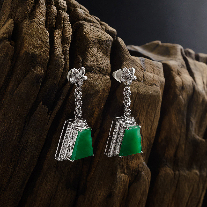 金镶钻天然糯种阳绿翡翠耳坠-红掌柜