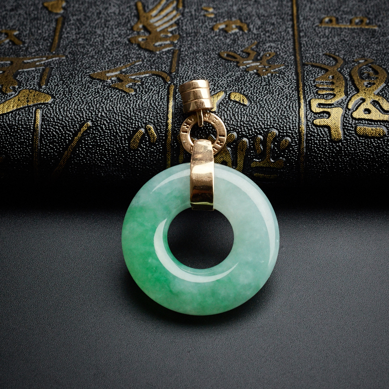 18K金镶糯种飘翠翡翠平安扣吊坠-红掌柜