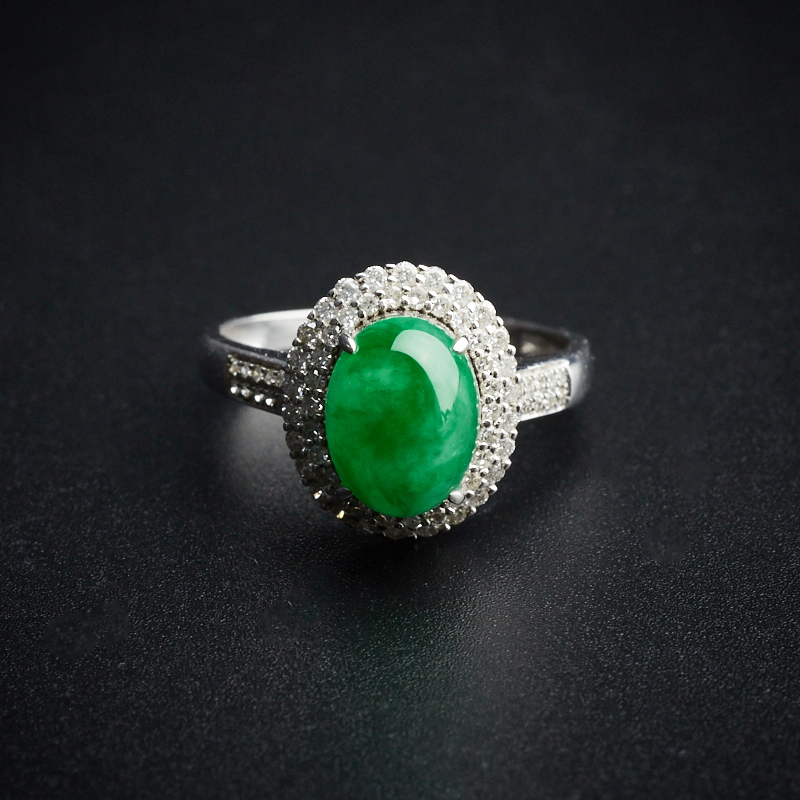 18K金镶钻冰糯种花绿翡翠戒指-红掌柜