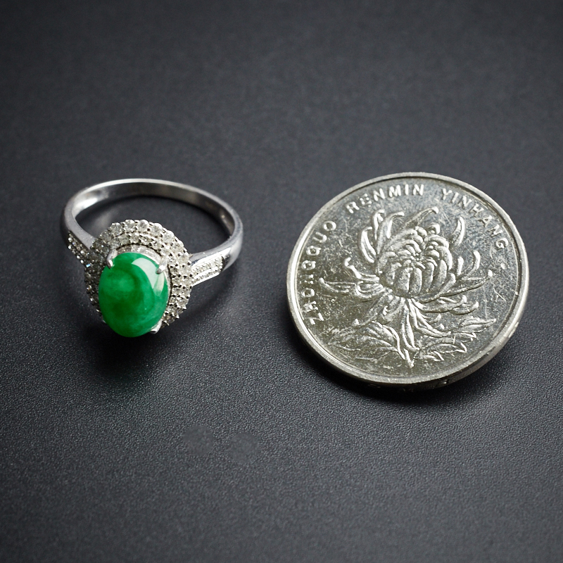 18K金镶钻缅甸冰糯种花绿翡翠戒指-红掌柜