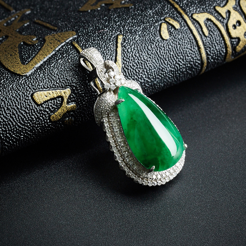 天然18K金镶糯种满绿翡翠水滴吊坠 - 红掌柜