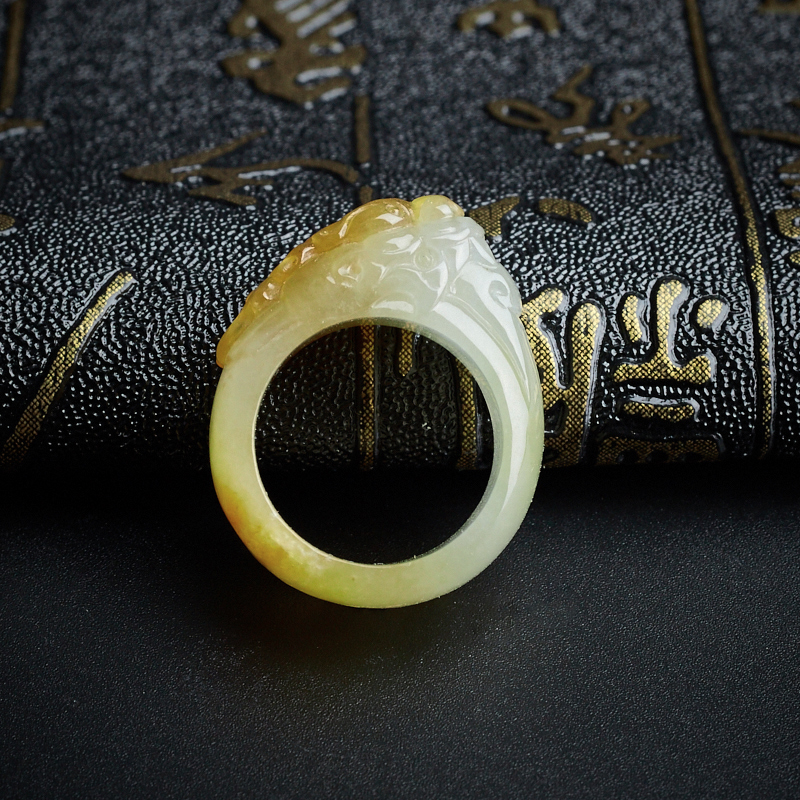 缅甸A货天然冰糯种飘黄翡龙头戒指 - 红掌柜