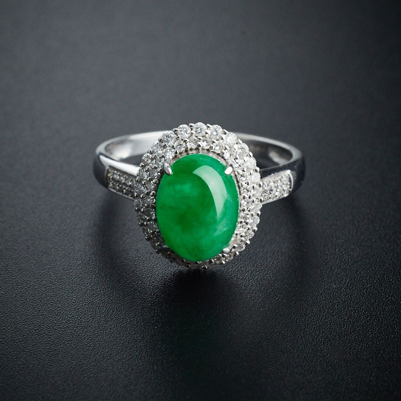 缅甸A货天然18K金糯种飘绿翡翠戒指 - 红掌柜