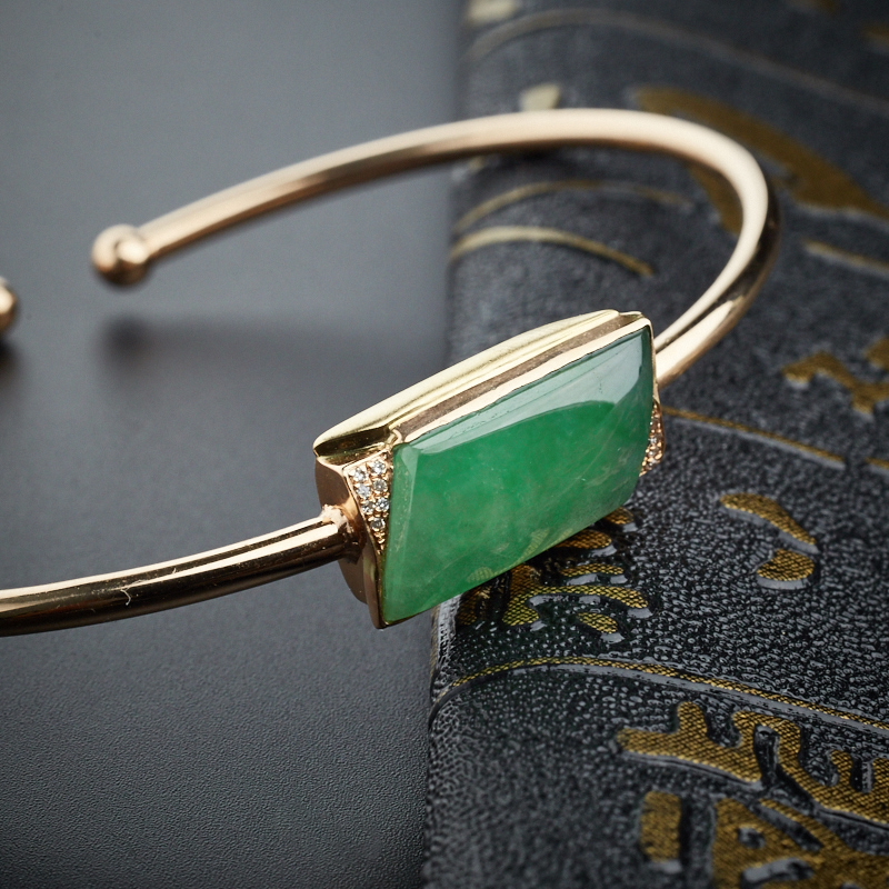 缅甸A货天然18K金镶冰糯种满绿翡翠手环 - 红掌柜