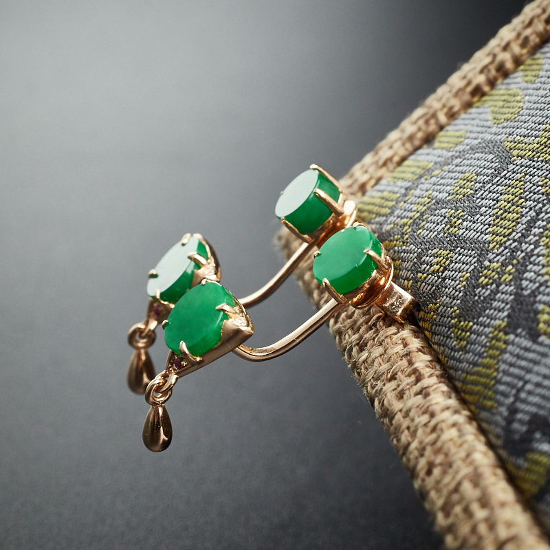 缅甸18K金镶冰糯种翠色翡翠耳钉-红掌柜