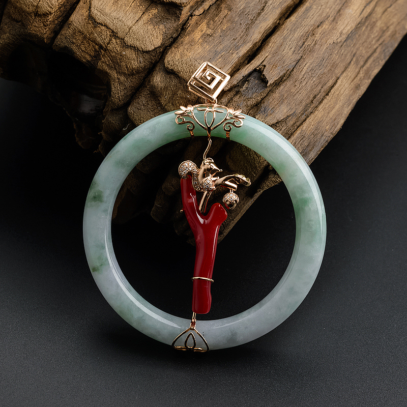 18K金镶冰糯种飘花翡翠珊瑚平安扣吊坠 - 红掌柜