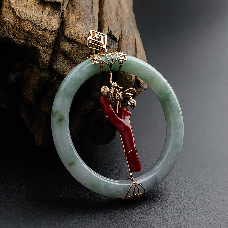 冰糯种飘花翡翠珊瑚平安扣吊坠 - 红掌柜