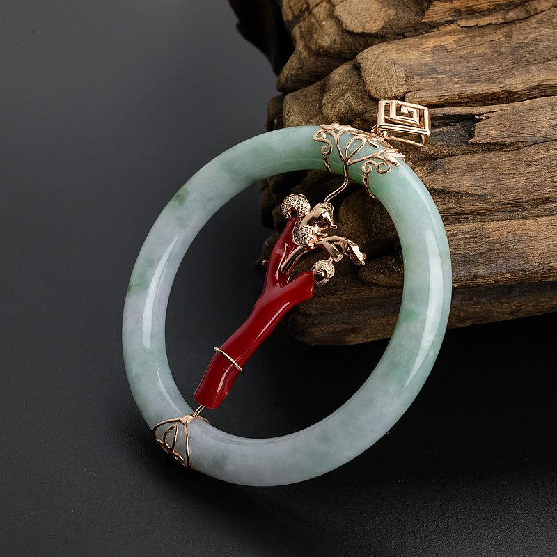 K金冰糯种飘花翡翠珊瑚平安扣吊坠 - 红掌柜