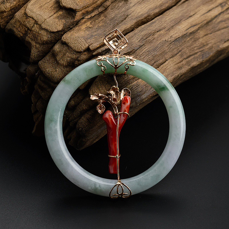 飘花翡翠珊瑚平安扣吊坠 - 红掌柜