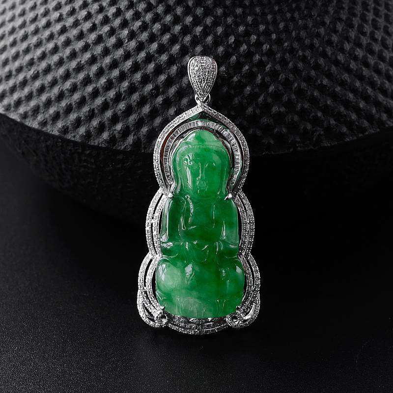 缅甸A货天然18K金镶冰糯种阳绿观音吊坠 - 红掌柜