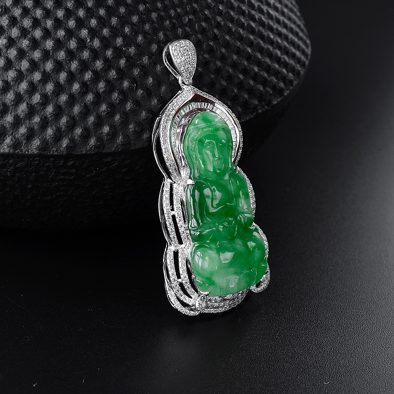 缅甸A货天然18K金镶冰糯种阳绿观音吊坠 - 红掌柜