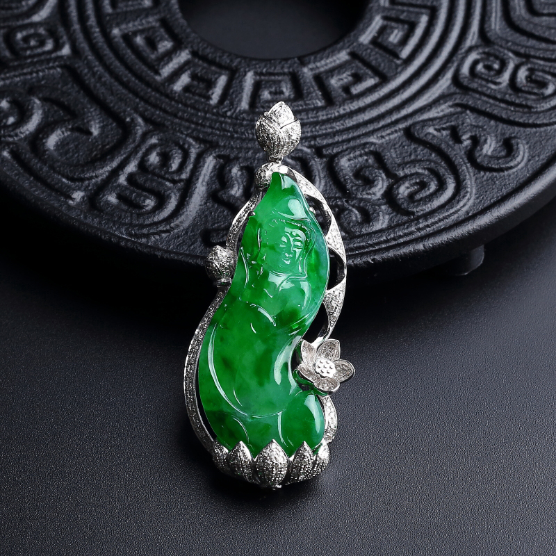 18K金镶冰糯种飘翠翡翠观音吊坠 - 红掌柜