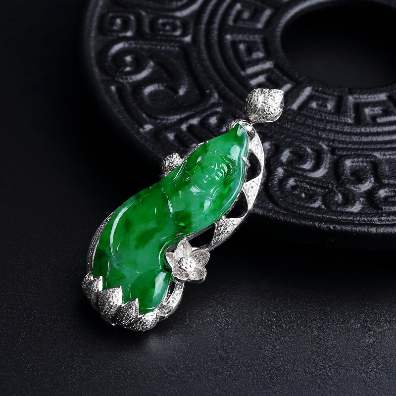 天然18K金镶冰糯种飘翠翡翠观音吊坠 - 红掌柜