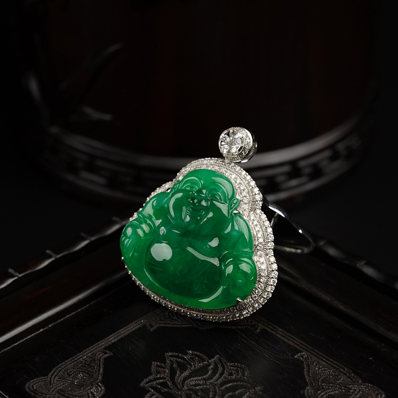 缅甸天然糯种阳绿翡翠佛吊坠-红掌柜